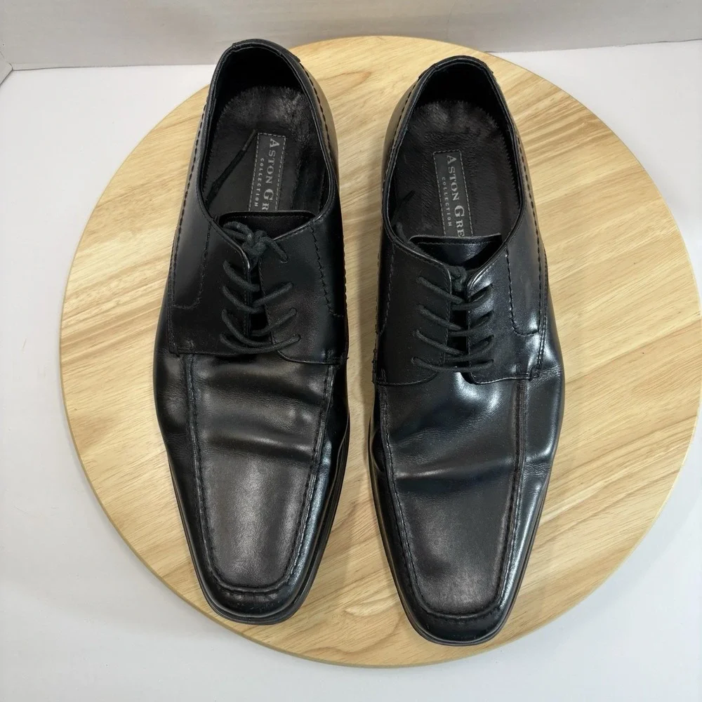 Aston Grey Anthony Black Leather Bicycle Toe Oxfords Men's Size 9.5 Dress Shoes